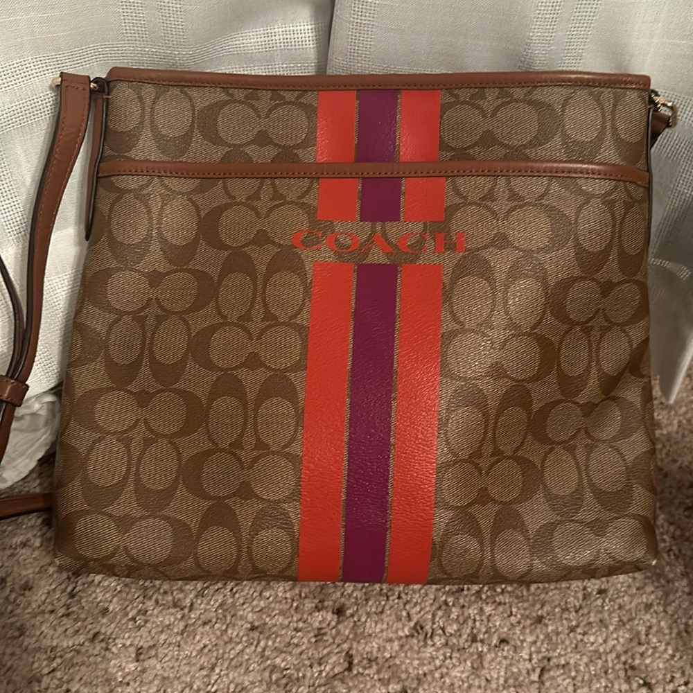 Coach Brown Signature Crossbody with Red and Purple Stripe